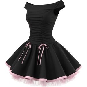 VTG USA Made Taboo Girly Black Pink Mini Dress Ruched Bow Tulle Off Shoulder - S